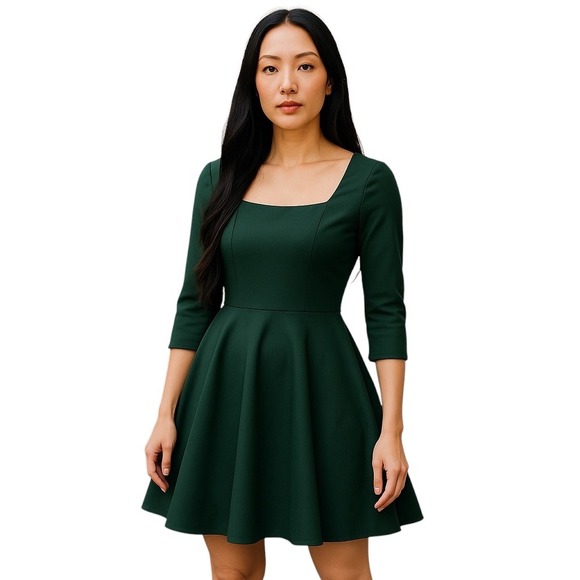 Lulus Hunter Green Three-Quarter Sleeve Skater Fit & Flare Dress‎ Small - Picture 1 of 4